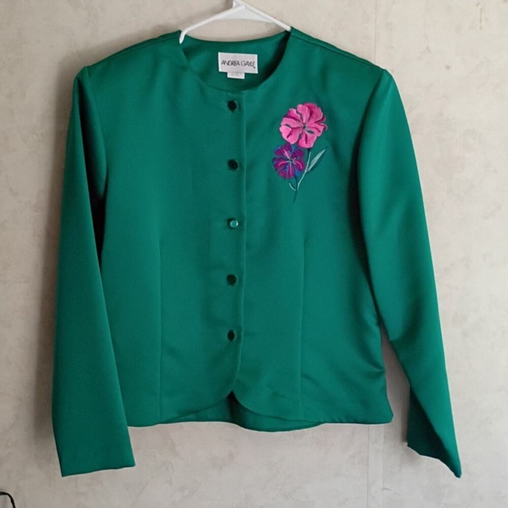 Vintage Andrea Gayle Green Satin Blouse Embroidered Floral Kitschy USA Teal Med